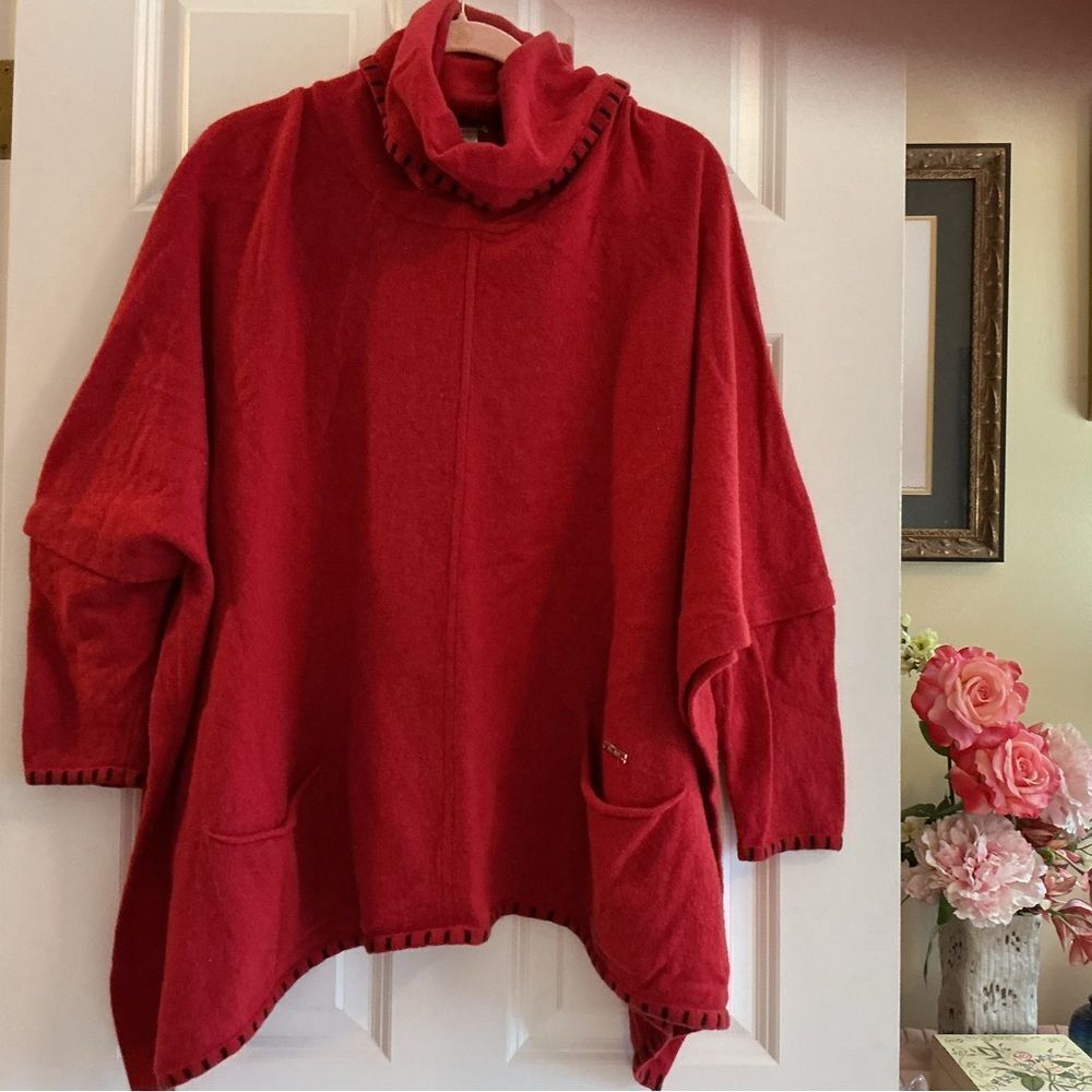 EUC AL-BO Brand Cozy Red Turtleneck Sweater Poncho of Lambswool L-XL